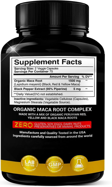 1500mg Organic Maca Root Powder Capsules Red & Yellow Peruvian Herbal Supplements for Adults Not for Children